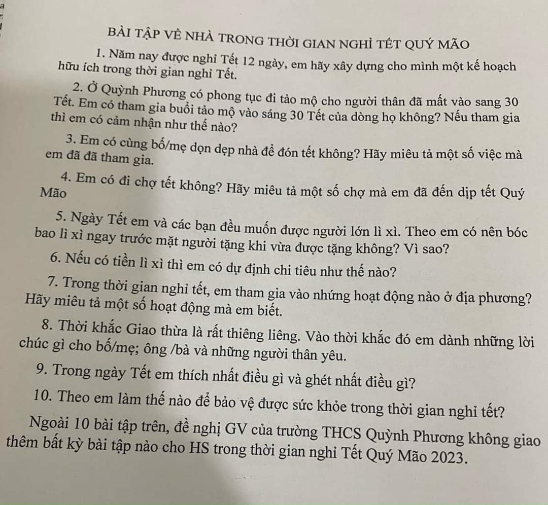 Tờ đề bài tập Tết đầy thú vị và mới mẻ của thầy Hiệu trưởng. (Ảnh: Nguyễn Hữu Tình) Tờ đề bài tập Tết đầy thú vị và mới mẻ của thầy Hiệu trưởng. (Ảnh: Nguyễn Hữu Tình)