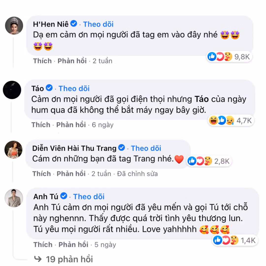 Từ hoa hậu, diễn viên đến ca sĩ đều rất cảm kích khi nhận được tình yêu thương của fan.