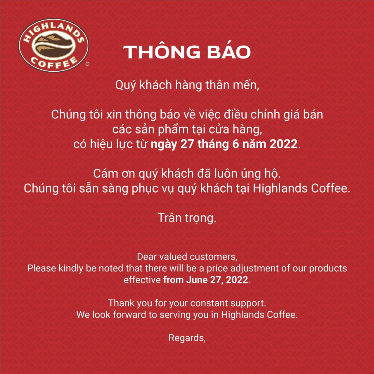 Highlands Coffee thông báo tăng giá. Ảnh: Fanpage Highlands Coffee Highlands Coffee thông báo tăng giá. Ảnh: Fanpage Highlands Coffee