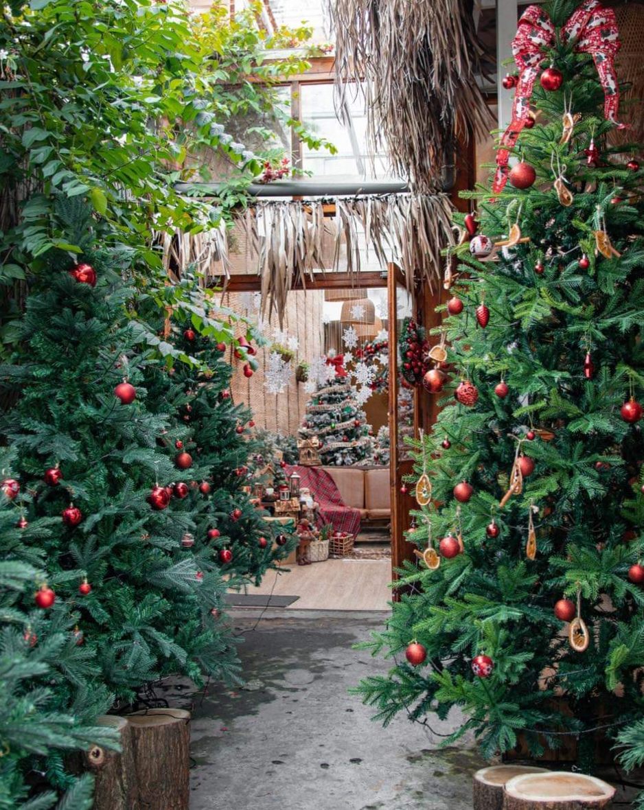 Lối vào quán mang không khí Giáng sinh ngập tràn. (Ảnh: FB Khóm Coffee &amp; Tea)