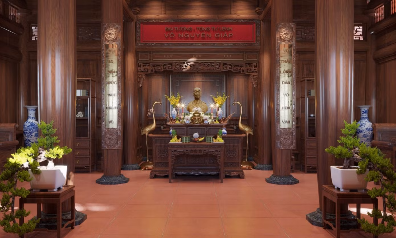 Phối cảnh 3D gian giữa dùng cho không gian thờ cúng.