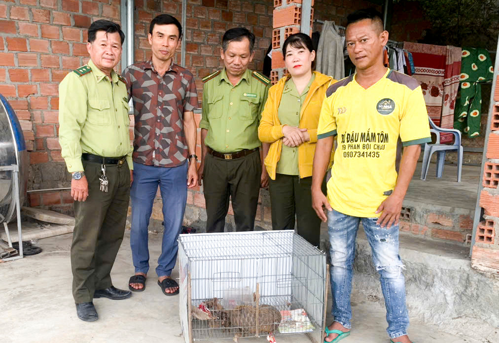 Hạt Kiểm lâm tiếp nhận cá thể tê tê do người dân tự nguyện giao nộp. Ảnh: HKL