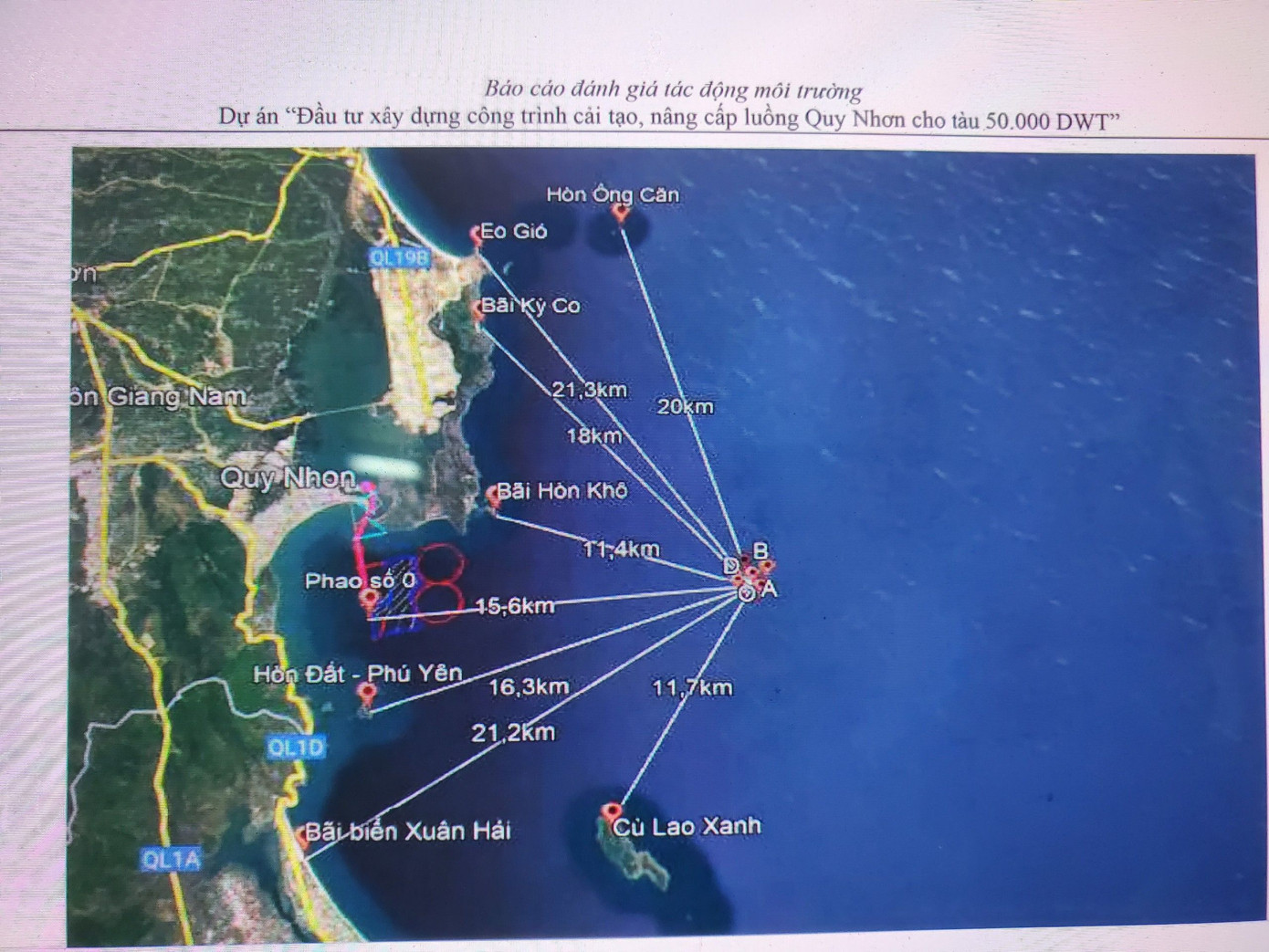 Dự kiến vị trí nhận chìm vật chất nạo vét theo hồ sơ tham vấn đánh giá tác động môi trường dự án.