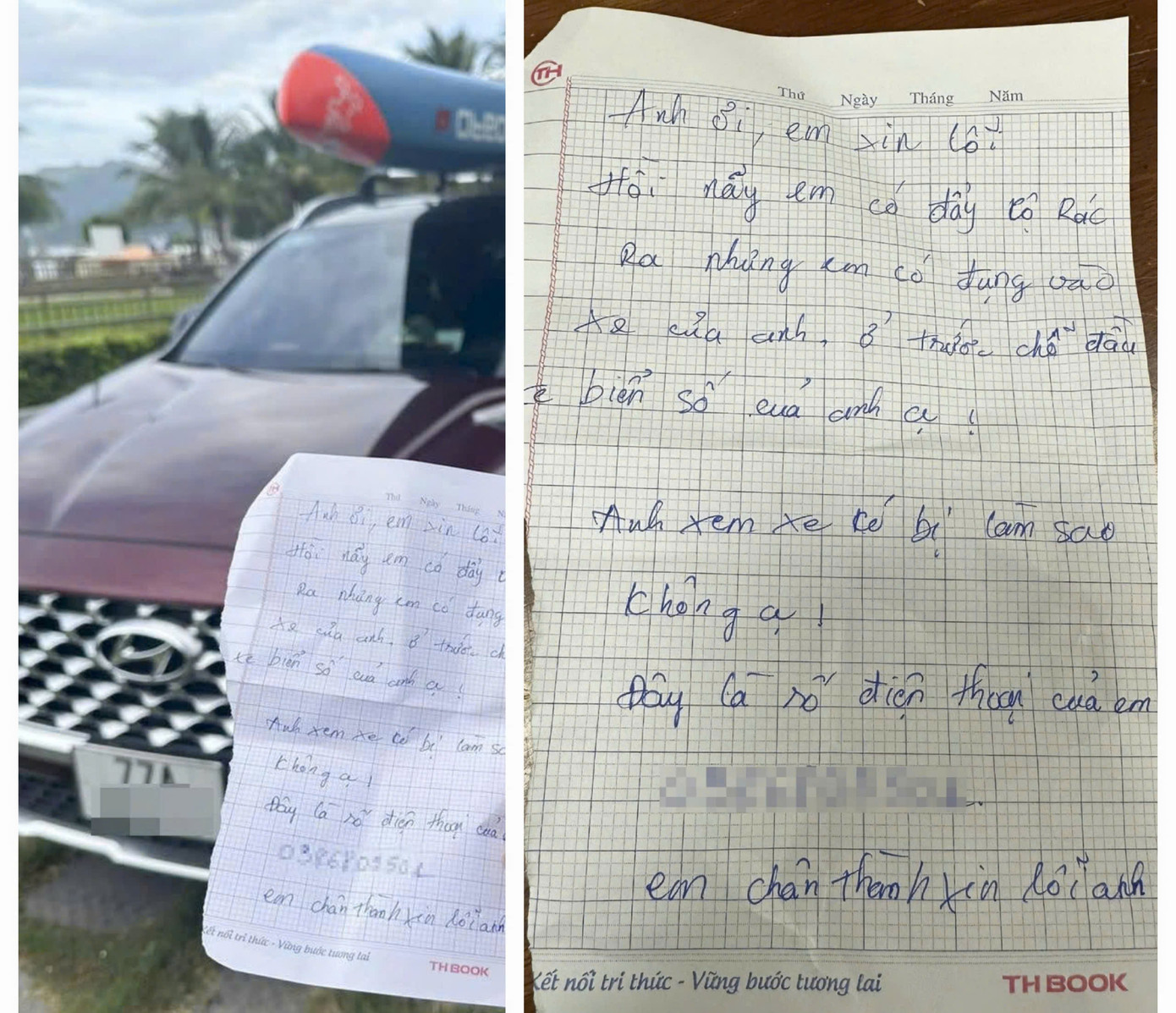 Tờ giấy viết tay của anh công nhân để lại, mong nhận được xin lỗi, kèm số điện thoại để liên hệ.