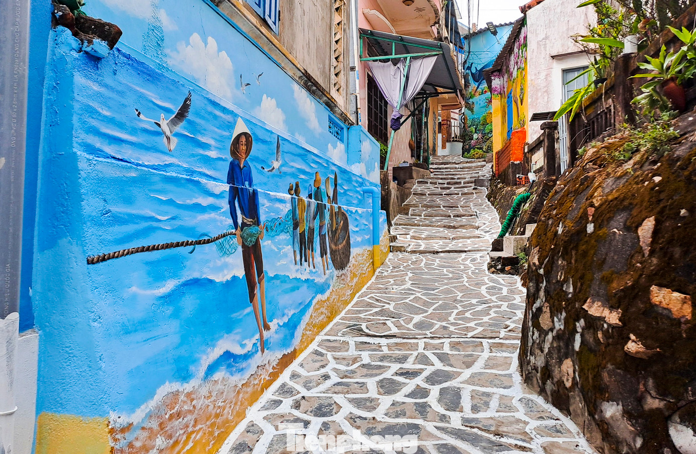 Các con đường trong làng đều rất dốc và dẫn ra phía biển. Đến Nhơn Lý, khách du lịch không thể bỏ qua việc check-in với những bức bích họa trên mỗi bức tường nhà với gam màu chủ đạo là xanh dương và trắng, mang lại cảm giác mát mẻ, thư thái. Ảnh: Trương Định.