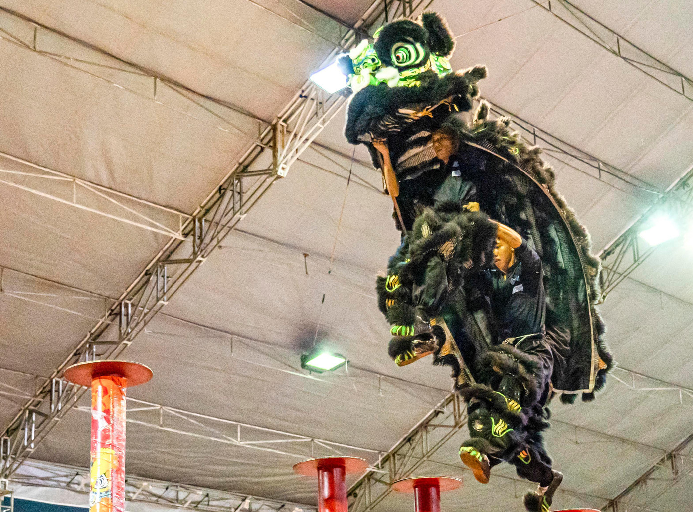 Các đội tranh tài với 2 nội dung: Lân Mai Hoa Thung (thi trên 21 cọc cây bằng sắt, cao nhất 2,5 m) và lân truyền thống (lân Địa Bửu - thi trên mặt đất). Ảnh: Dũng Nhân