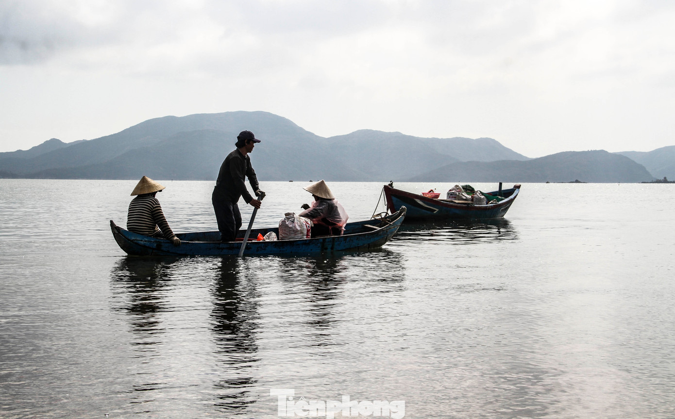 5 giờ sáng, bà Nguyễn Thị Loan (61 tuổi, xã Phước Thuận, huyện Tuy Phước, Bình Định) và một số người thân cùng quê mang theo dụng cụ, chèo ghe đến khu vực chân cầu Thị Nại để mưu sinh bằng nghề đục hàu. (Ảnh: Trương Định)