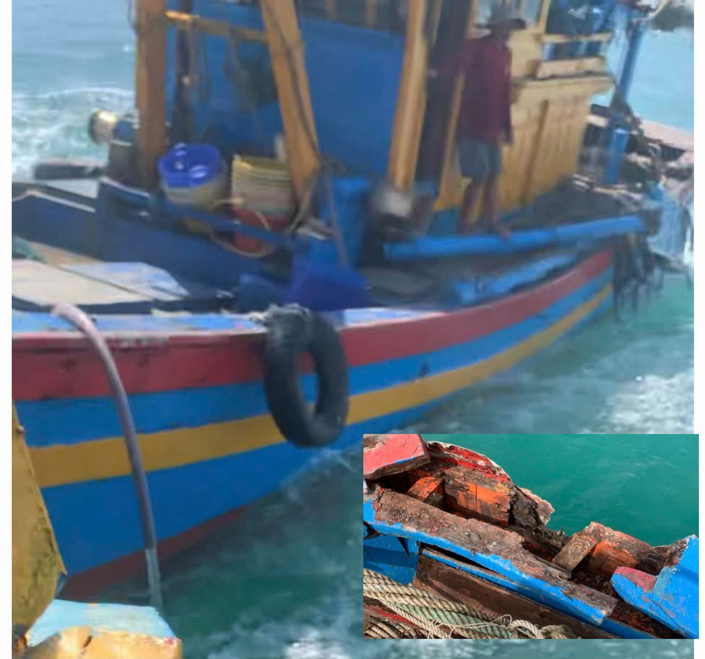 Tàu cá ngư dân bị nhiều tàu giã cào bao vây, tông gây hư hỏng.