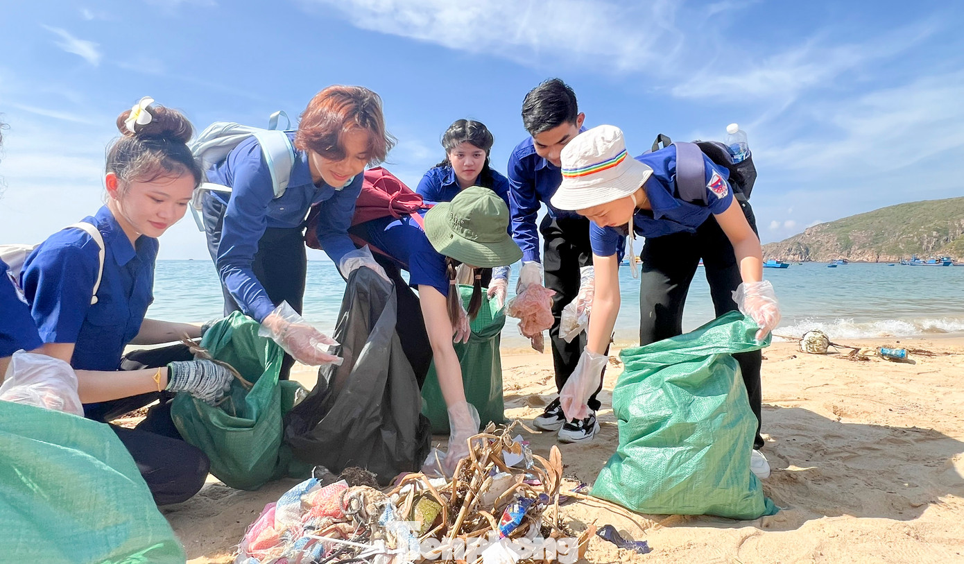 Các bạn sinh viên Lào trồng cây xanh, dọn rác và vẽ tranh bích họa tại xã Nhơn Hải. Ảnh: Trương Định