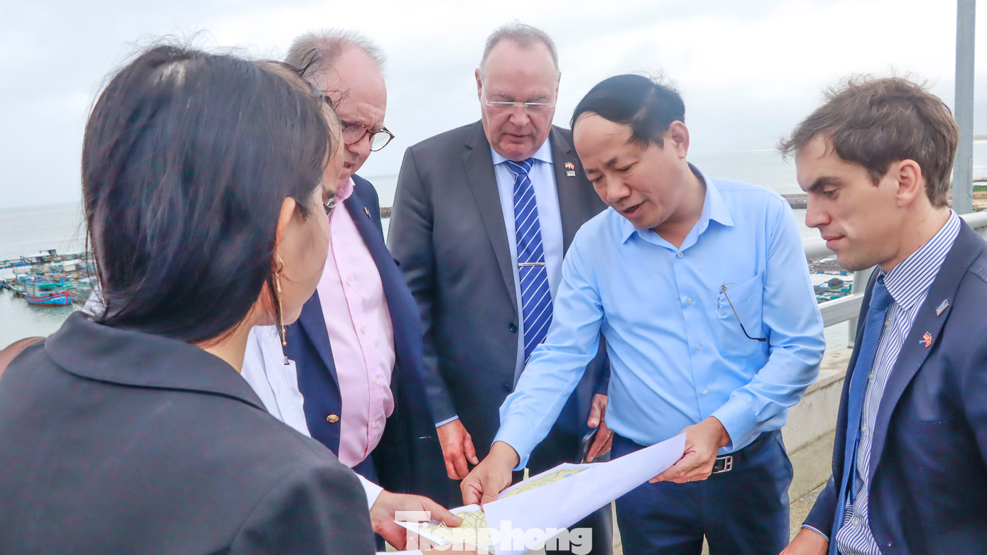 Chủ tịch tỉnh Bình Định Phạm Anh Tuấn (thứ 2 bên phải) cùng lãnh đạo Tập đoàn PNE khảo sát hiện trường khu vực dự kiến triển khai dự án. Ảnh: VP UBND tỉnh Bình Định.