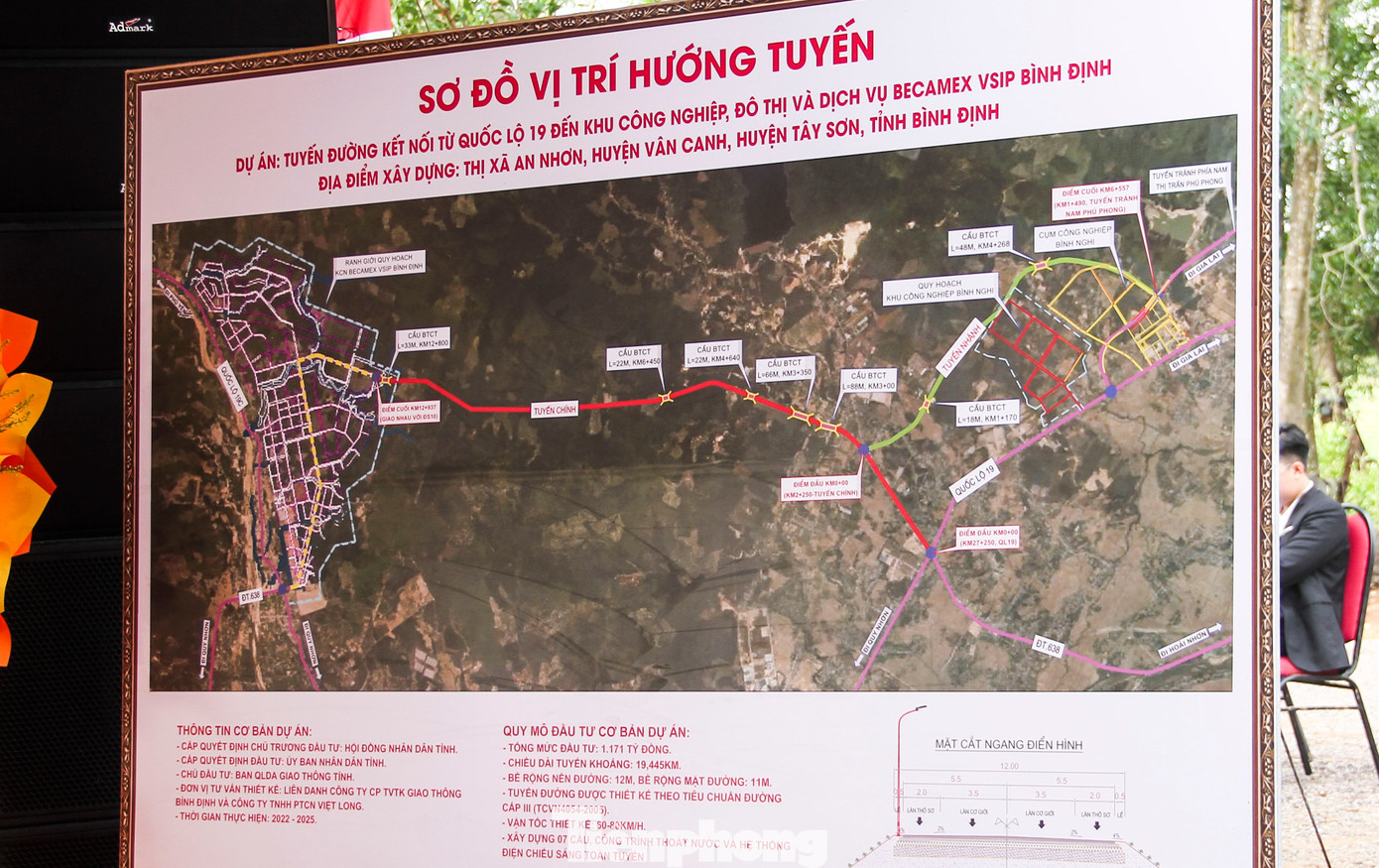 Sơ đồ hướng tuyến dự án "Tuyến đường kết nối từ Quốc lộ 19 đến Khu Công nghiệp, Đô thị và Dịch vụ Becamex VSIP Bình Định". (Ảnh: Trương Định)