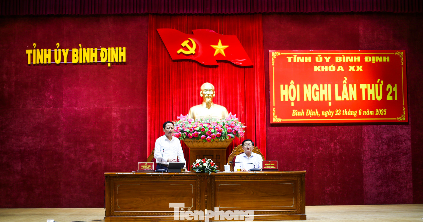 Ông Hồ Quốc Dũng - Bí thư Tỉnh ủy Bình Định, và Chủ tịch UBND tỉnh Phạm Anh Tuấn chủ trì hội nghị. Ảnh: Trương Định