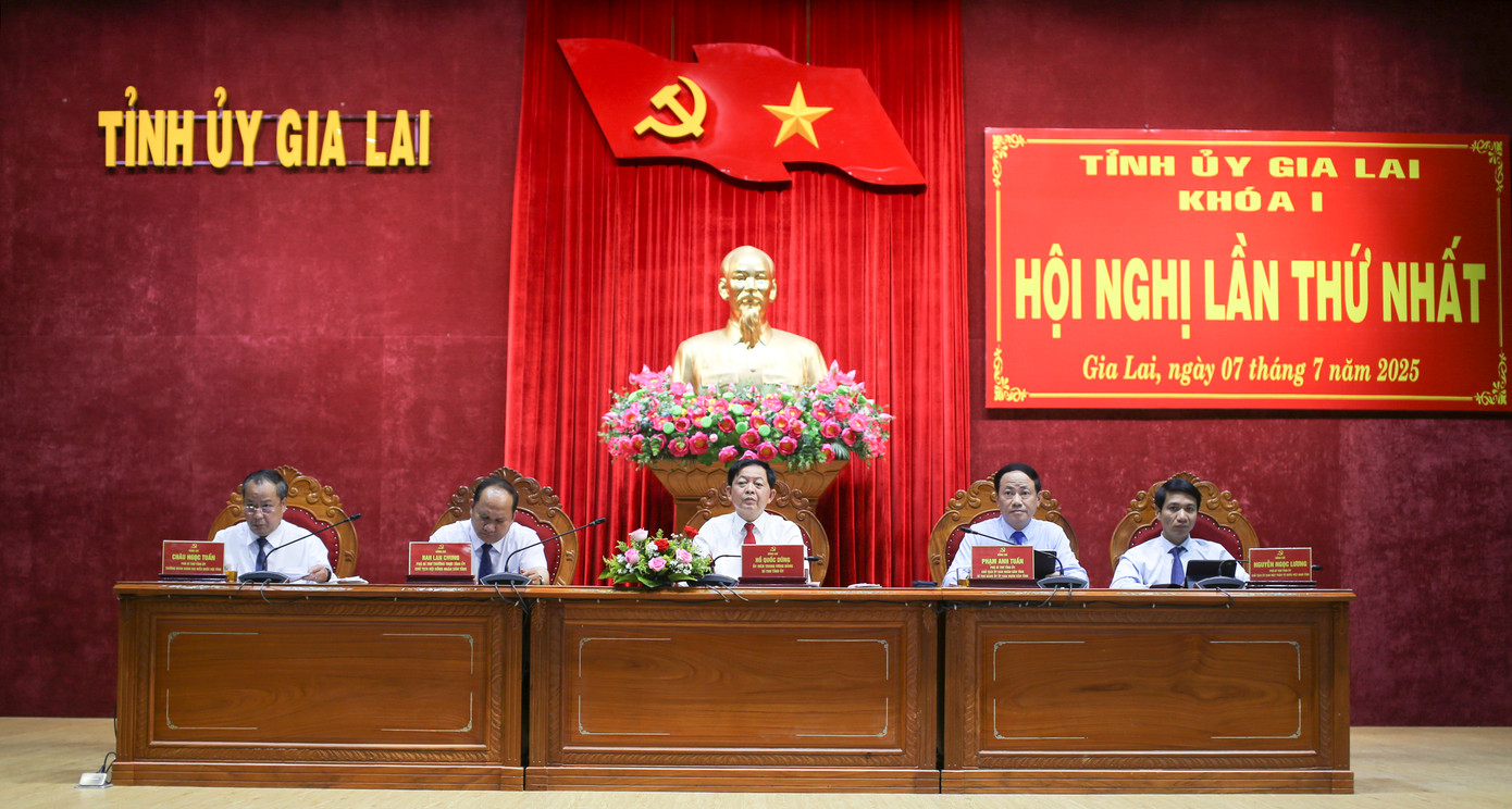 Lãnh đạo chủ chốt của tỉnh Gia Lai chủ trì hội nghị. Ảnh: Trương Định Lãnh đạo chủ chốt của tỉnh Gia Lai chủ trì hội nghị. Ảnh: Trương Định