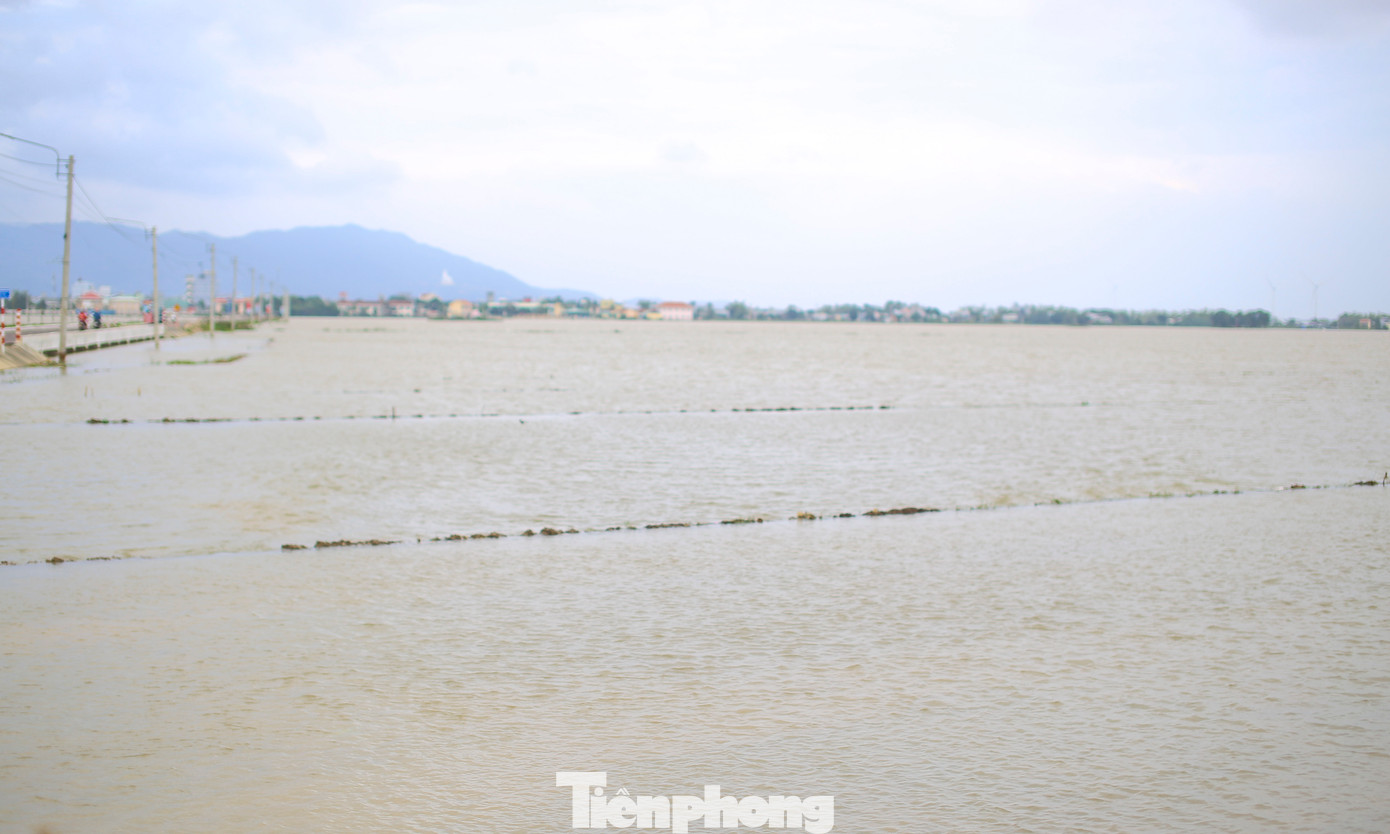 Tương tự, gia đình ông Lê Xuân Ngọc Hậu 50 tuổi, thôn Bình Lâm có 4 sào ruộng. Hôm 10/12 sạ đợt đầu, khi vừa xuống giống thì gặp mưa lớn kéo dài khiến ruộng bị ngập trắng, 40 kg giống bị cuốn trôi và hư hỏng. Ảnh: Trương Định.