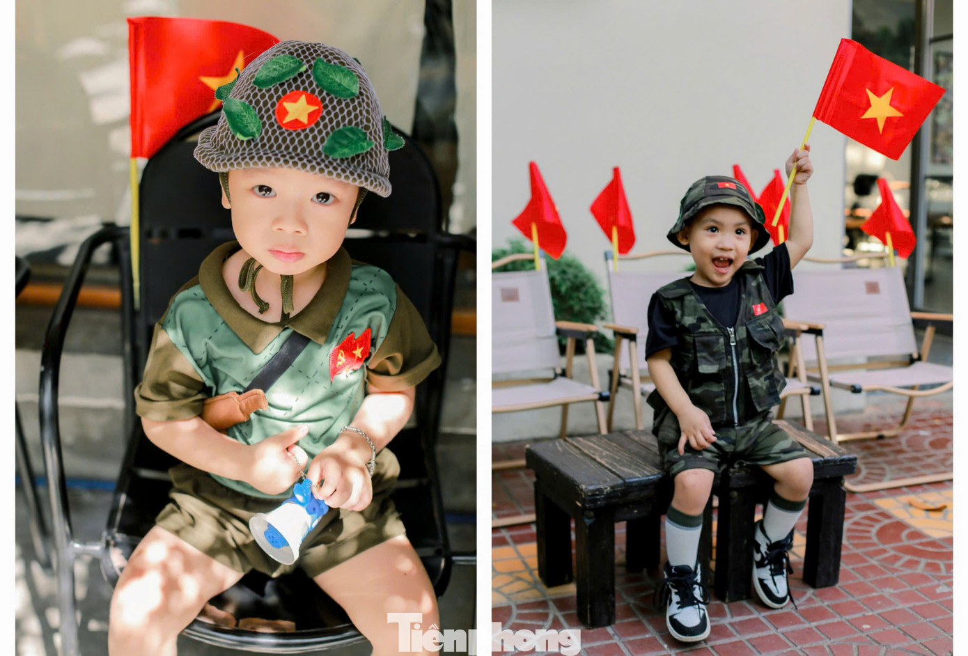 Dễ thương hình ảnh "em bé yêu nước" với áo bộ đội, trên tay cầm cờ đỏ sao vàng. Ảnh: Phượng Phan Dễ thương hình ảnh "em bé yêu nước" với áo bộ đội, trên tay cầm cờ đỏ sao vàng. Ảnh: Phượng Phan