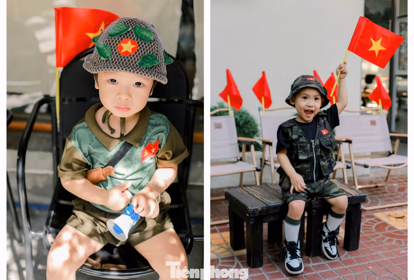 Dễ thương hình ảnh "em bé yêu nước" với áo bộ đội, trên tay cầm cờ đỏ sao vàng. Ảnh: Phượng Phan