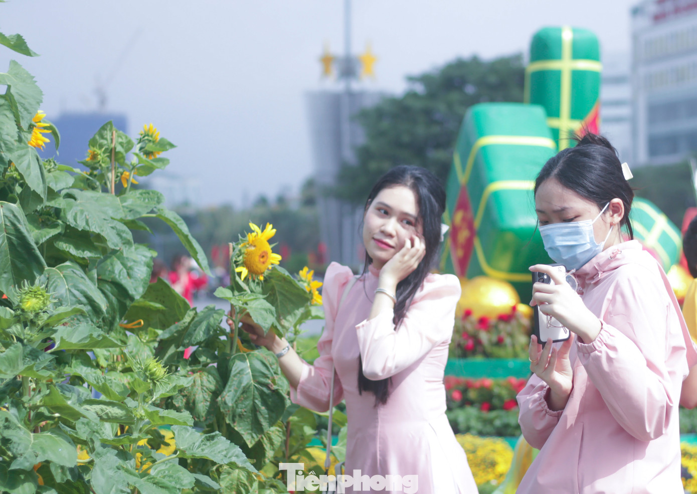 Tại biểu tượng linh vật, đơn vị thi công cũng sắp đặt 21 loài hoa, cây cảnh các loại với số lượng hơn 20.000 chậu hoa. Ảnh: Trương Định