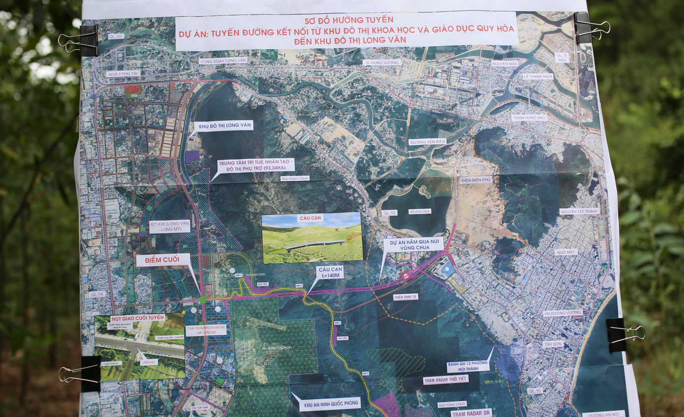 Sơ đồ hướng tuyến Tuyến đường kết nối từ Khu đô thị Khoa học và Giáo dục Quy Hòa đến Khu đô thị Long Vân. Bình Định sẽ quy hoạch những khu đất dọc tuyến đường theo nhiều mục đích, trong đó, ưu tiên cho khoa học công nghệ.
