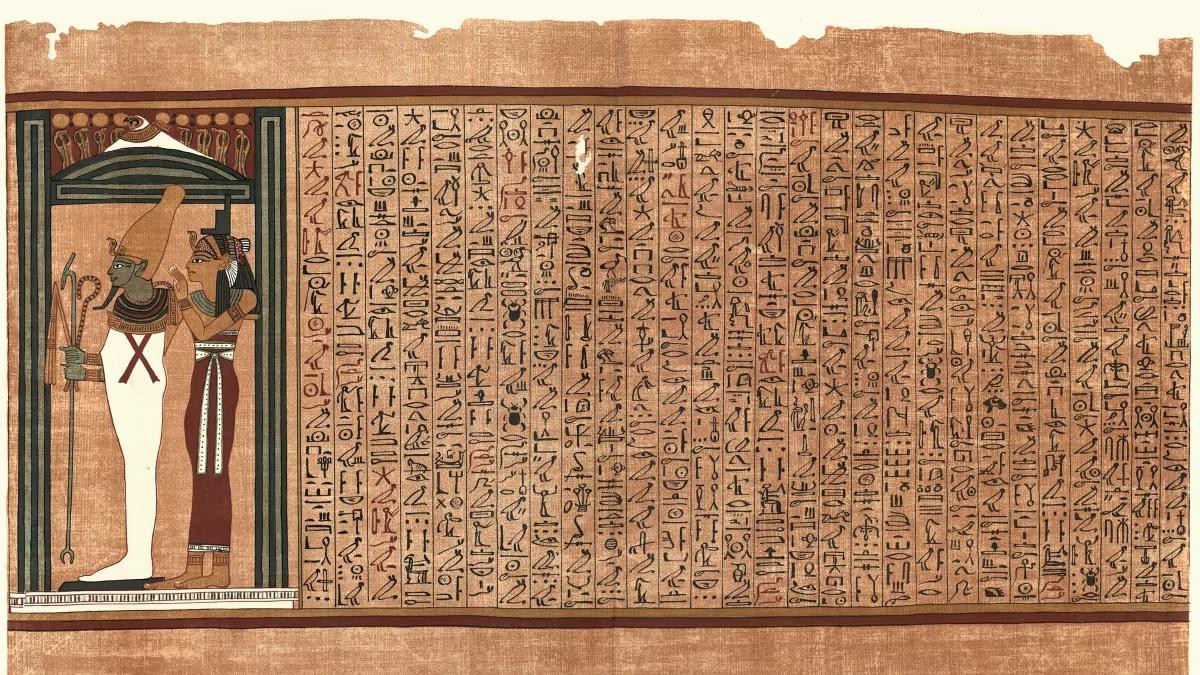 Một hình minh họa cổ điển từ Papyrus of Ani cho thấy Osiris (trái) và Isis (phải) trên một cuộn giấy có chữ tượng hình từ khoảng năm 1250 trước Công nguyên, trong Vương triều thứ 19 của Vương quốc Mới.