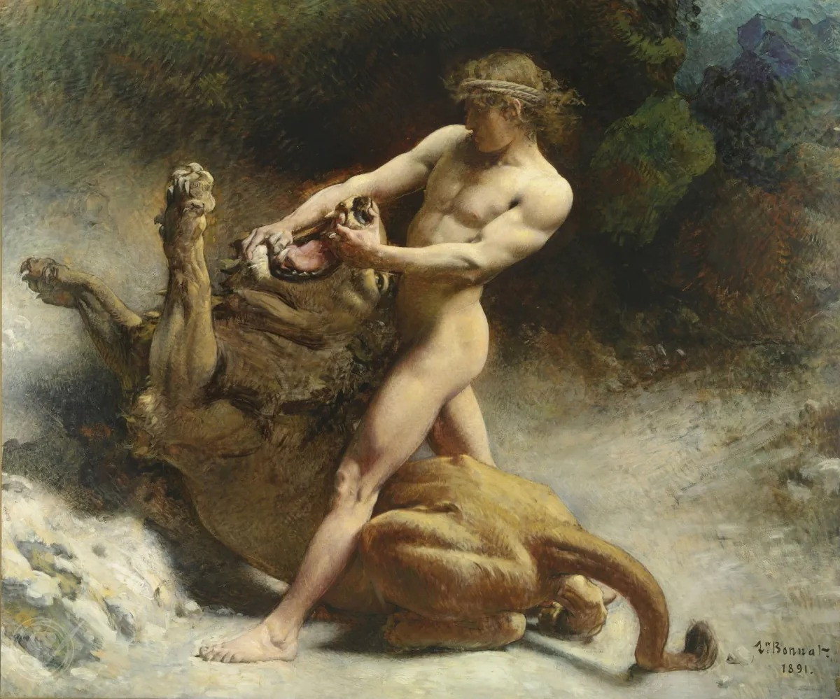 Samson's Youth của Leon Bonnat là ví dụ điển hình cho thể loại tranh khỏa thân nam giới. Tác phẩm nghệ thuật thuộc phong cách nghệ thuật hàn lâm, trong đó đề cao khả năng của nghệ sĩ trong việc miêu tả chân thực chủ đề bằng kỹ thuật tỉ mỉ. Bức tranh đại diện cho tiêu chuẩn cũ về thể chất nam giới, nêu bật niềm tin của người Hy Lạp cổ đại về tầm quan trọng của sức mạnh thể chất và quyền lực.