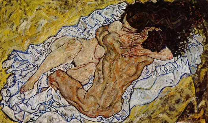 Trong Embrace Aka Lovers II, Egon Schiele thể hiện cái ôm thân mật giữa hai người yêu nhau theo phong cách nhấn mạnh khía cạnh cảm xúc và tâm lý của chủ đề. Schiele sử dụng hình thức khỏa thân của con người để truyền tải sự thân mật và dịu dàng giữa hai vợ chồng. Bức tranh phản ánh sự kết nối cảm xúc, cũng như mong muốn gần gũi giữa hai nhân vật.