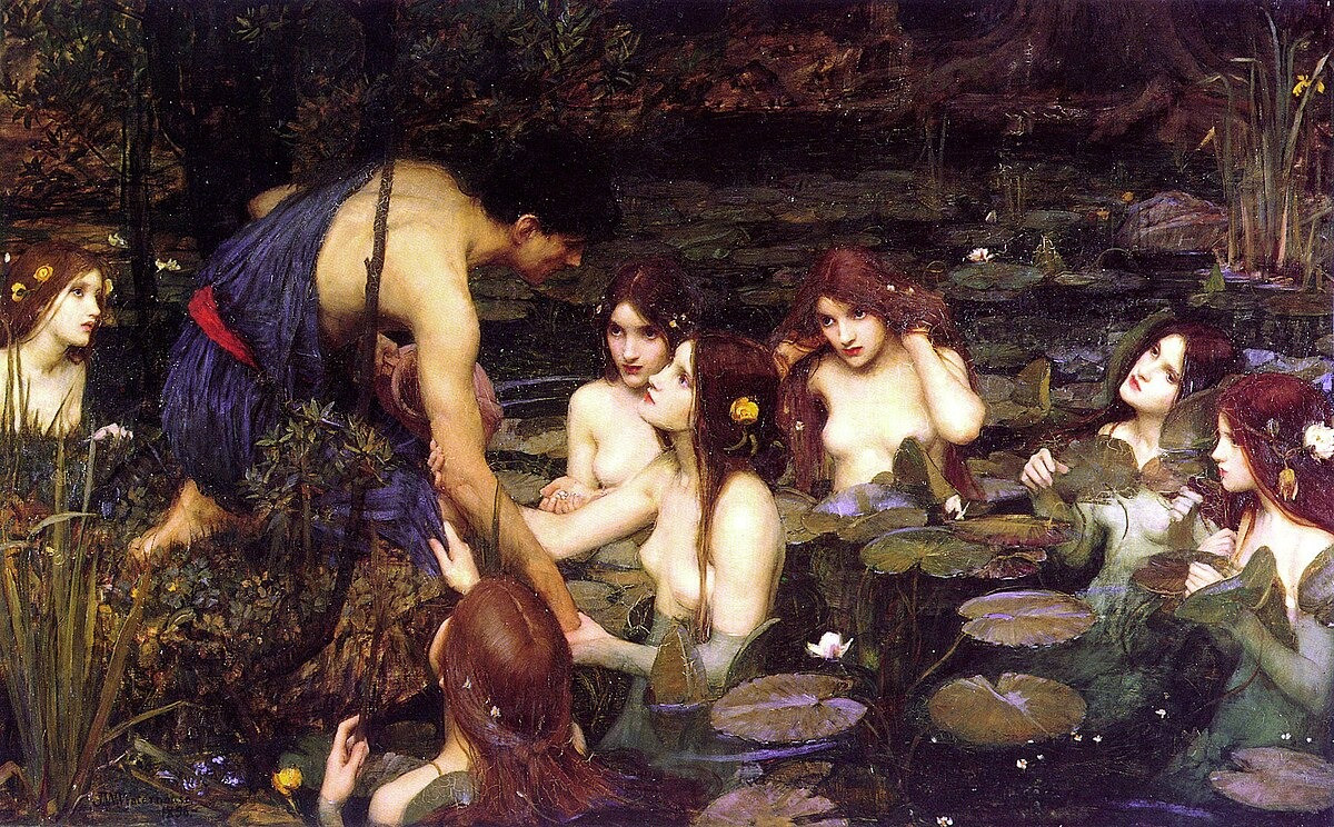 Tác phẩm khác của John William Waterhouse được gọi tên trong danh sách “những bức tranh khỏa thân nổi tiếng nhất mọi thời đại” là Hylas and the Nymphs. Nguồn cảm hứng cho bức tranh là câu chuyện trong thần thoại Hy Lạp, kể về thanh niên Hylas bị các nữ thần bắt đi. Danh họa Waterhouse vẽ nhóm nữ thần khỏa thân quyến rũ Hylas xuống nước. Với sự kết hợp đặc trưng giữa chủ nghĩa lãng mạn và chủ nghĩa hiện thực, Waterhouse khéo léo nắm bắt được sự gợi cảm và quyến rũ của thần thoại. Tác phẩm nghệ thuật nêu bật mối bận tâm của triều đại Victoria với thần thoại cổ điển, cũng như niềm đam mê với chi tiết phức tạp và màu sắc sống động của phong trào Tiền Raphael.