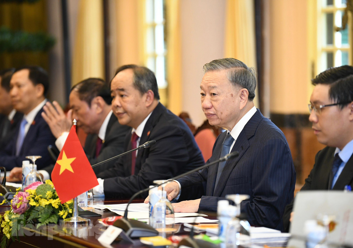 Chủ tịch nước Tô Lâm và các quan chức cấp cao Việt Nam tại cuộc hội đàm. (Ảnh: Như Ý) Chủ tịch nước Tô Lâm và các quan chức cấp cao Việt Nam tại cuộc hội đàm. (Ảnh: Như Ý)