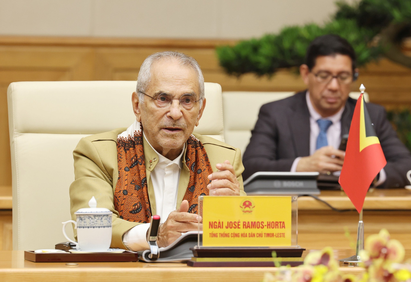 Tổng thống Timor-Leste Jose Ramos-Horta trong cuộc trao đổi với Thủ tướng Phạm Minh Chính ngày 2/8. (Ảnh: Nhật Minh)