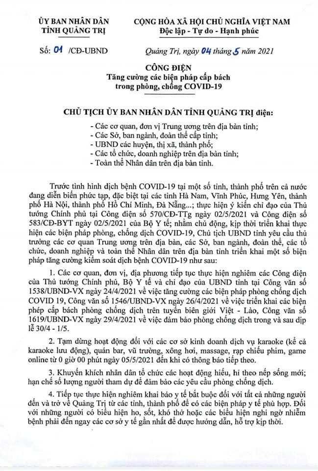 Công điện số 01 ngày 4/5 của UBND tỉnh Quảng Trị về việc tăng cường các biện pháp cấp bách trong phòng, chống COVID-19.