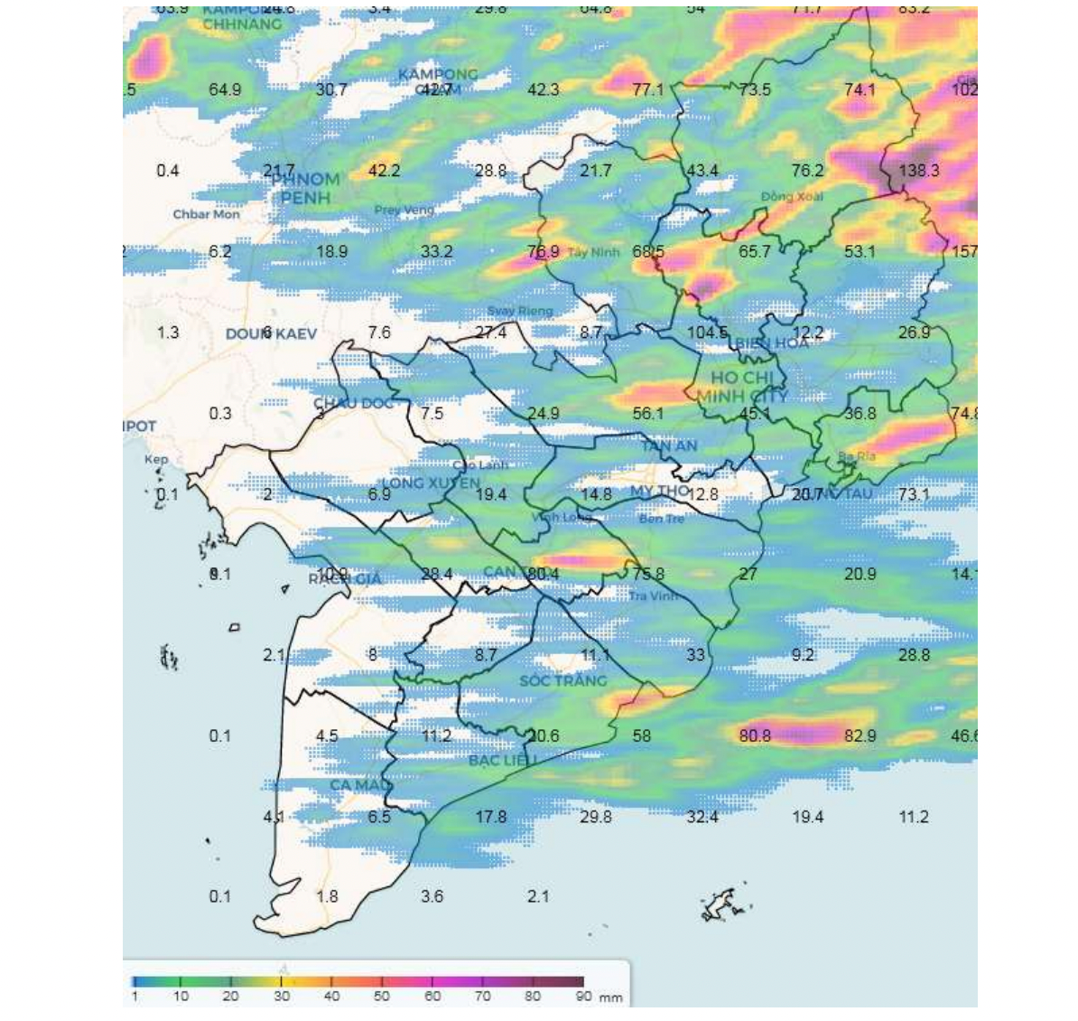 Bản đồ dự báo mưa từ 7h ngày 4/9 đến 7h ngày 5/9 ở khu vực Nam Bộ. Bản đồ dự báo mưa từ 7h ngày 4/9 đến 7h ngày 5/9 ở khu vực Nam Bộ.