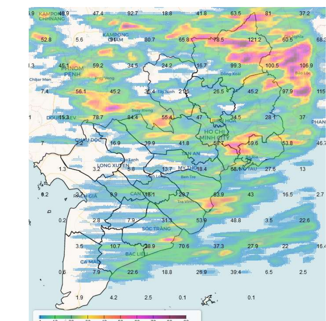 Bản đồ dự báo mưa từ 7h ngày 3/9 đến 7h ngày 4/9 ở khu vực Nam Bộ. Bản đồ dự báo mưa từ 7h ngày 3/9 đến 7h ngày 4/9 ở khu vực Nam Bộ.