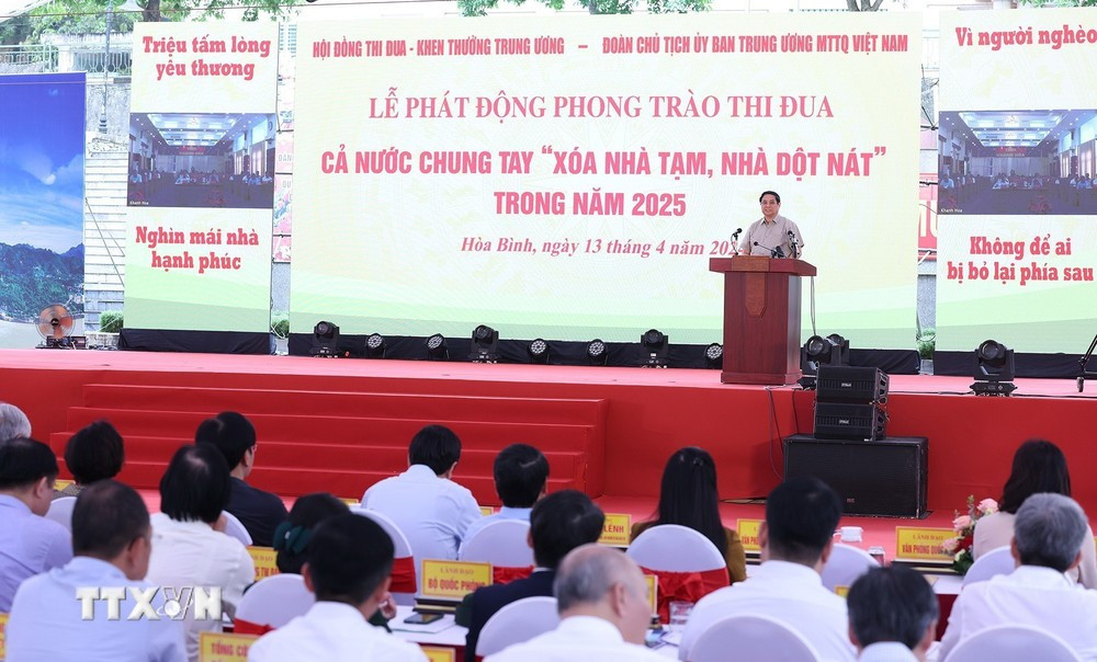 Thủ tướng Phạm Minh Chính phát động Phong trào thi đua “Xóa nhà tạm, nhà dột nát” trong cả nước. (Ảnh: Dương Giang/TTXVN)