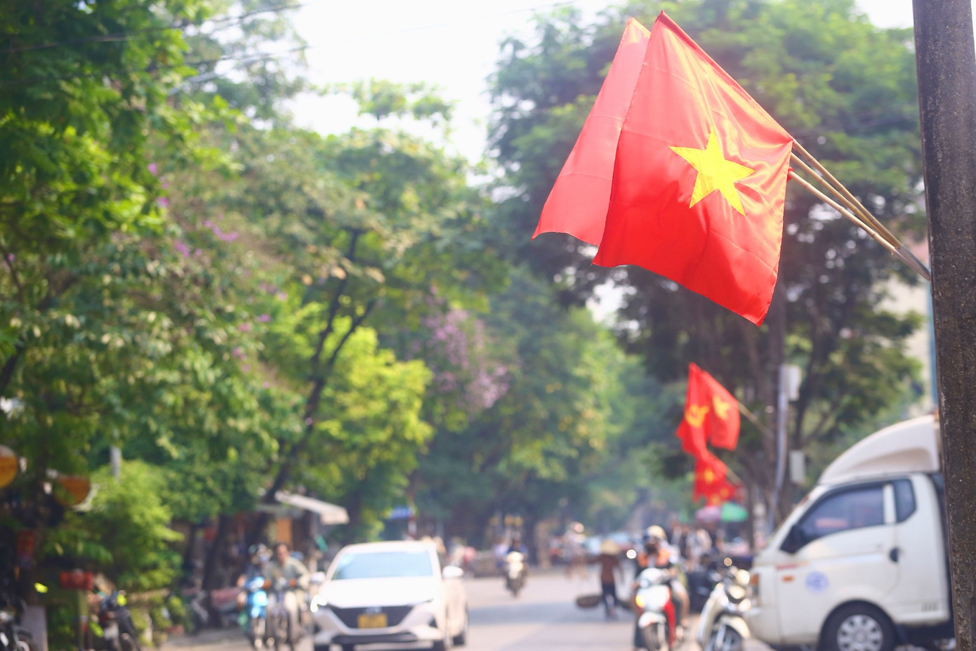 Phố Phùng Hưng rợp màu cờ đỏ sao vàng.