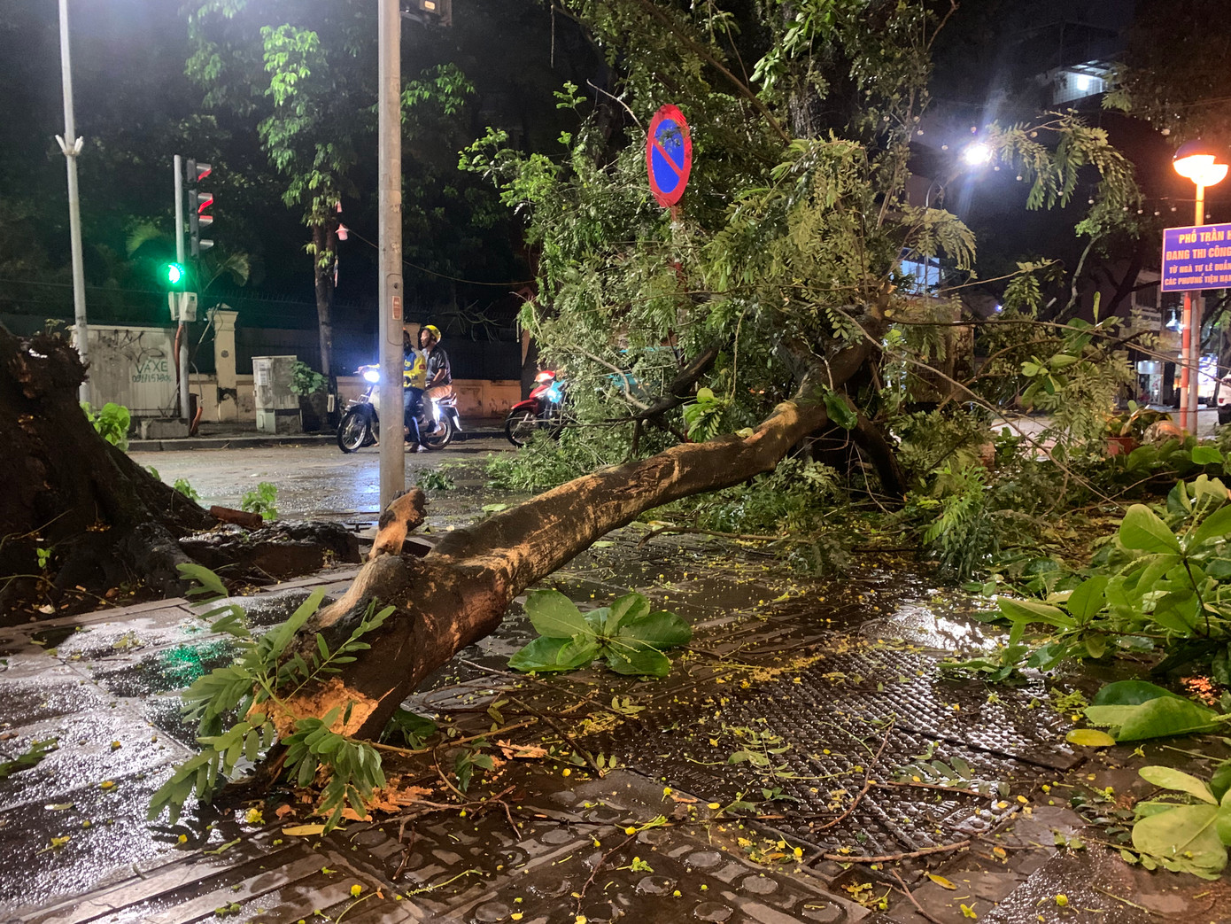 Cây xanh gãy đổ rơi xuống vỉa hè trên phố Lý Thường Kiệt.