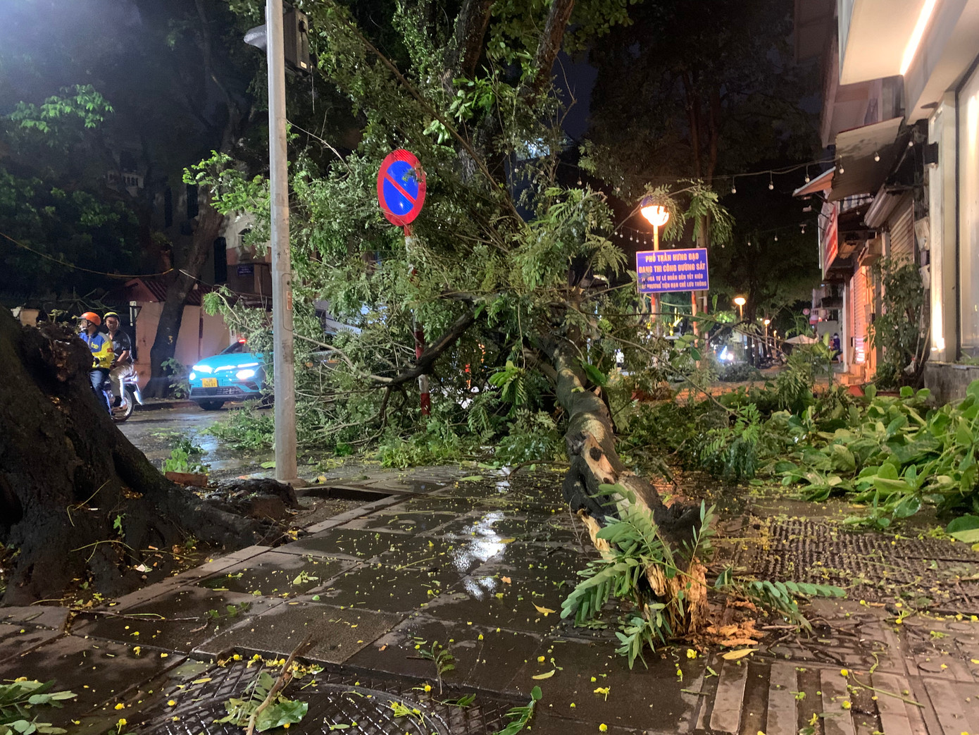 Cây xanh gãy đổ rơi xuống vỉa hè trên phố Lý Thường Kiệt.