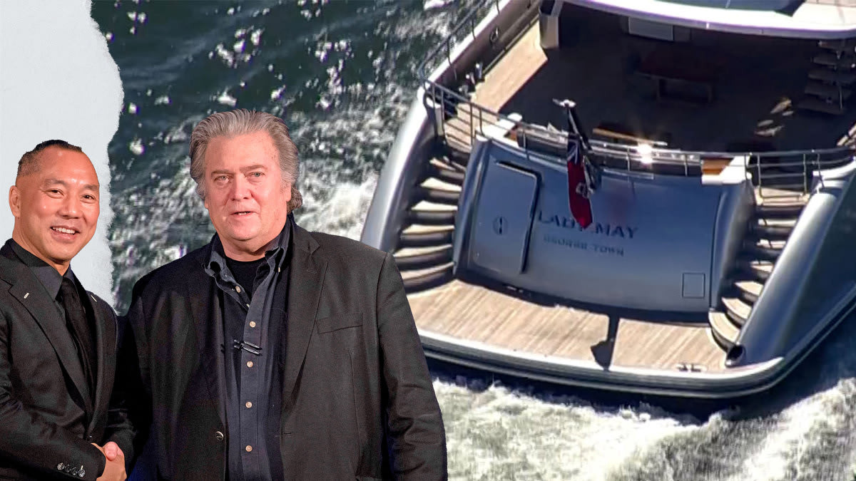 Tỷ phú Trung Quốc Quách Văn Quý (trái), cựu chiến lược gia trưởng Nhà Trắng Steve Bannon và chiếc du thuyền Lady May giá 37 triệu USD. Ảnh: Reuters và Getty Images. Tỷ phú Trung Quốc Quách Văn Quý (trái), cựu chiến lược gia trưởng Nhà Trắng Steve Bannon và chiếc du thuyền Lady May giá 37 triệu USD. Ảnh: Reuters và Getty Images.
