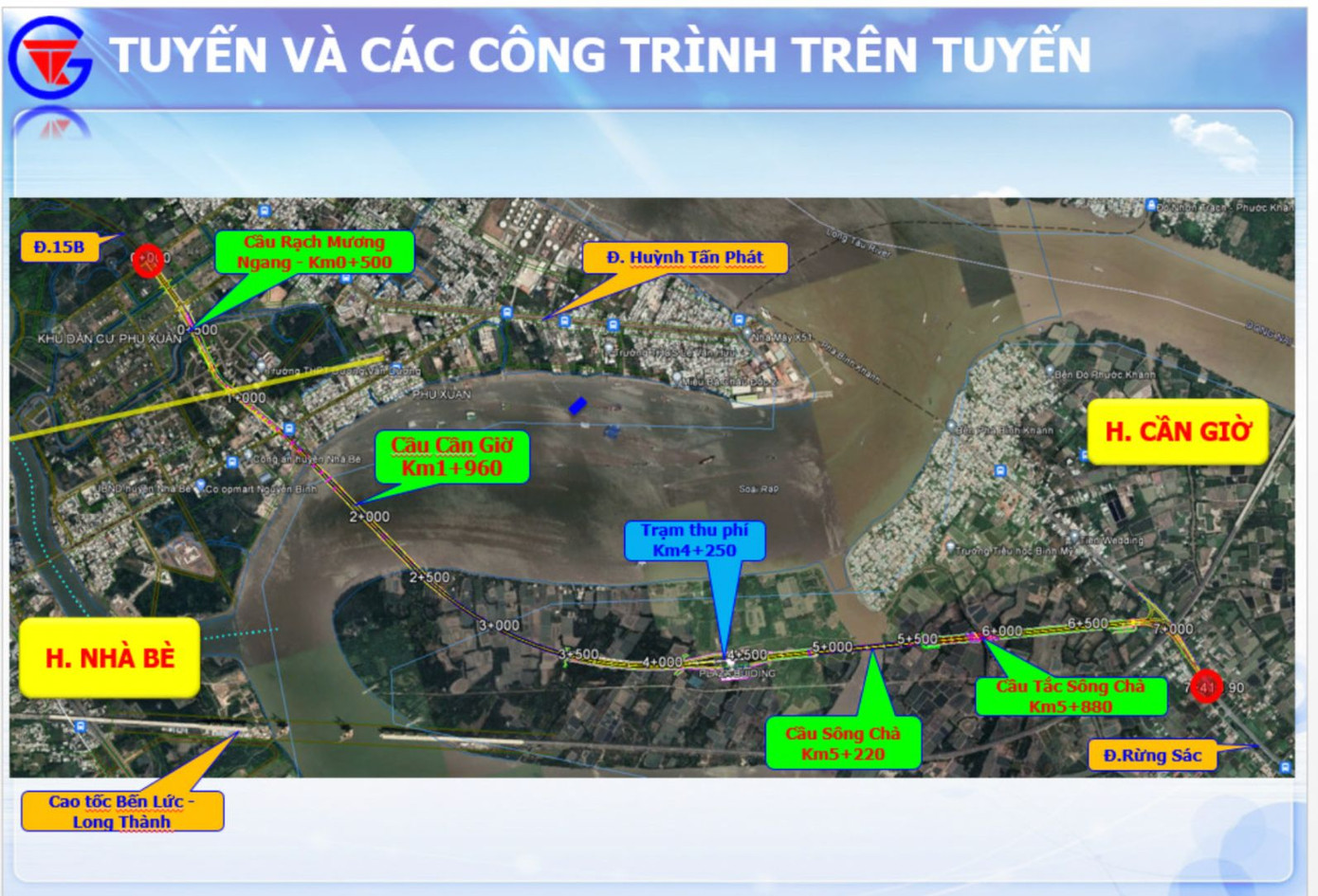 Cầu Cần Giờ có điểm đầu nằm trên đường 15B (huyện Nhà Bè) theo quy hoạch, cách rạch Mương Ngang khoảng 500 m về phía Bắc, điểm cuối kết nối vào đường Rừng Sác, cách phà Bình Khánh khoảng 2,5 km về phía Nam. Tổng chiều dài dự án là 7,3 km. Ngoài cầu chính, dự án còn một số cầu nhỏ vượt sông Chà, Tắc Sông Chà và cầu rạch Mương Ngang.