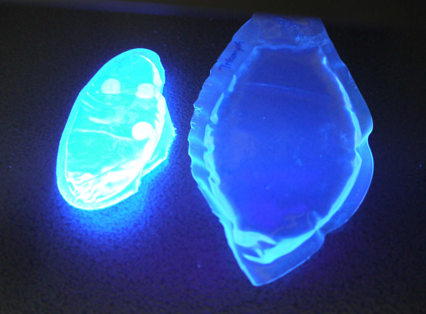 Cạnh túi dịch dầu khoáng có chứa độc chất PAH phát quang xanh da trời, túi dịch không phát quang được xác định là dầu silicon. Cạnh túi dịch dầu khoáng có chứa độc chất PAH phát quang xanh da trời, túi dịch không phát quang được xác định là dầu silicon