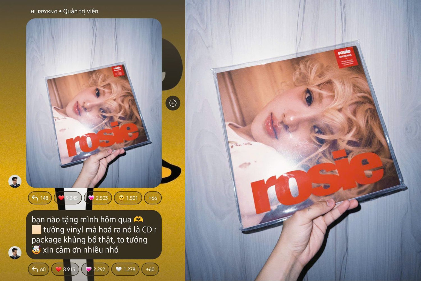 Bạn fan tặng album cho HURRYKNG bất ngờ khi món quà này đã giúp nam rapper được cộng đồng fan quốc tế của Rosé &quot;săn lùng&quot;: &quot;Đơn giản nghĩ rằng idol cùng idol thôi nên quyết định tặng ảnh ai ngờ đâu cho ảnh viral ra quốc tế luôn&quot;. - Ảnh: HURRYKNG
