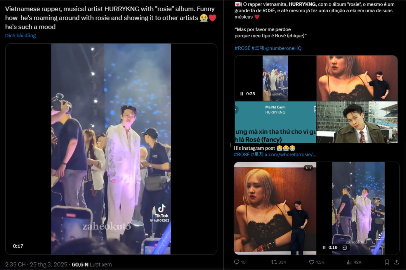 Trên mạng xã hội X, nhiều bài đăng về HURRYKNG - fanboy chính hiệu của Rosé đang thu hút hàng chục ngàn lượt xem, thả tim. - Ảnh chụp màn hình