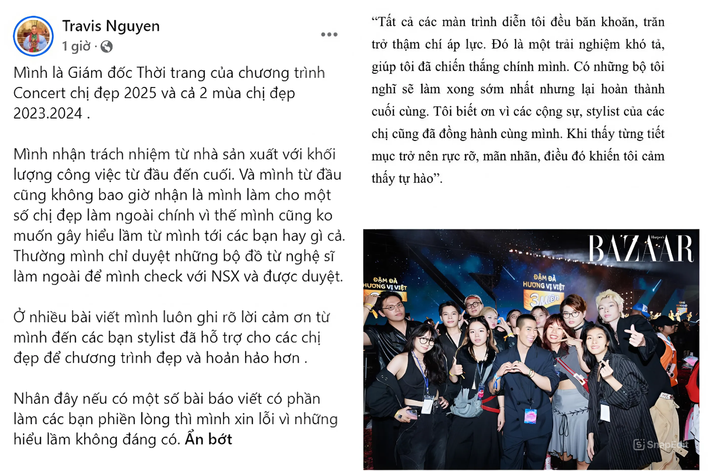 Travis Nguyễn chia sẻ về vai trò của mình tại Chị Đẹp Concert và show Chị Đẹp, đính kèm ảnh chụp màn ảnh đoạn phỏng vấn anh cảm ơn các cộng sự, stylist của các chị đẹp.