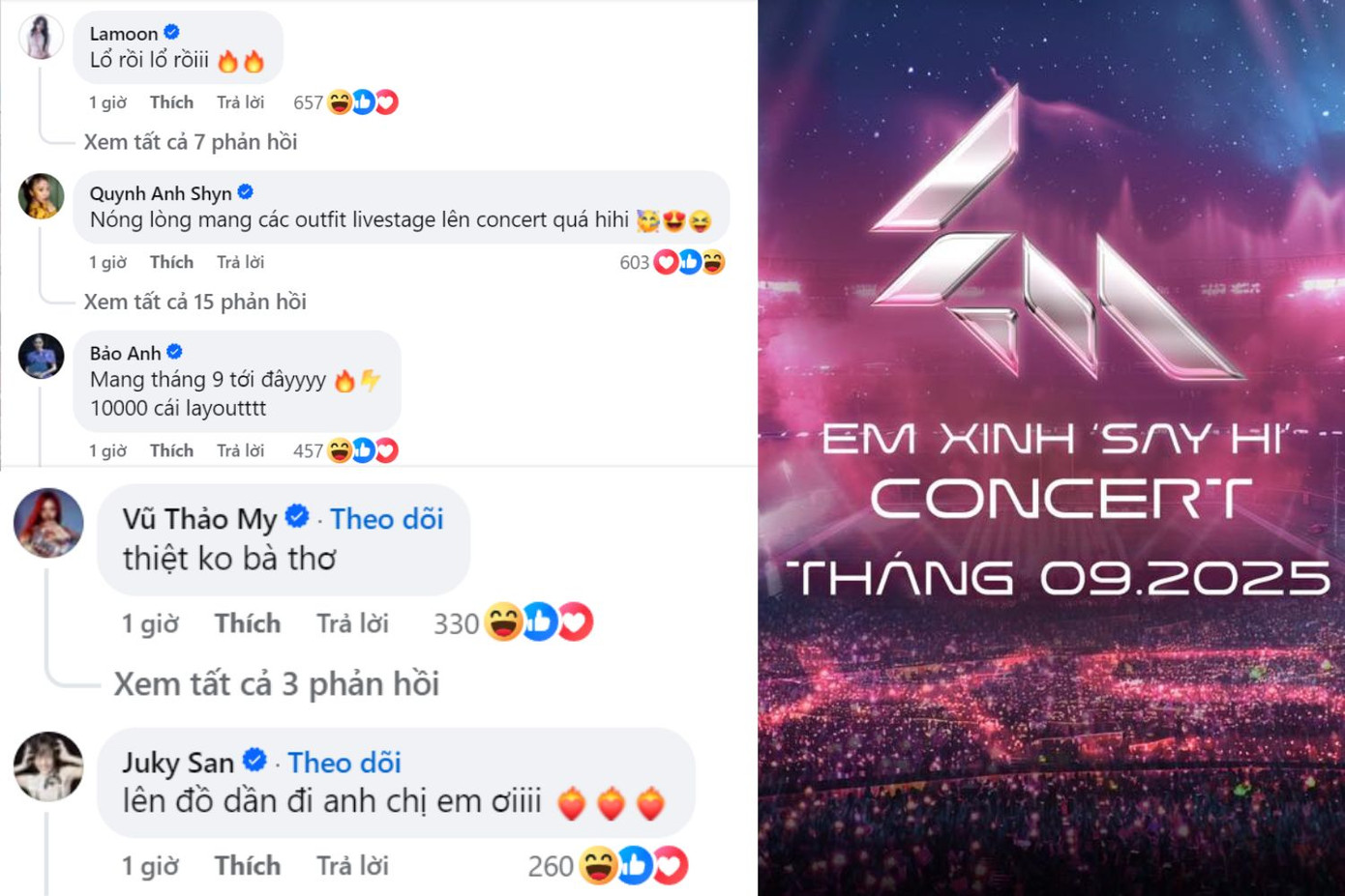 Một bạn khán giả "tính nhẩm": "Tháng 6 đã quay Live stage 3 rồi, tháng 7 quay Live stage 4, tháng 8 quay Live stage 5 + Công bố kết quả, tháng 9 concert là rất hợp lý luôn". Một bạn khán giả "tính nhẩm": "Tháng 6 đã quay Live stage 3 rồi, tháng 7 quay Live stage 4, tháng 8 quay Live stage 5 + Công bố kết quả, tháng 9 concert là rất hợp lý luôn".