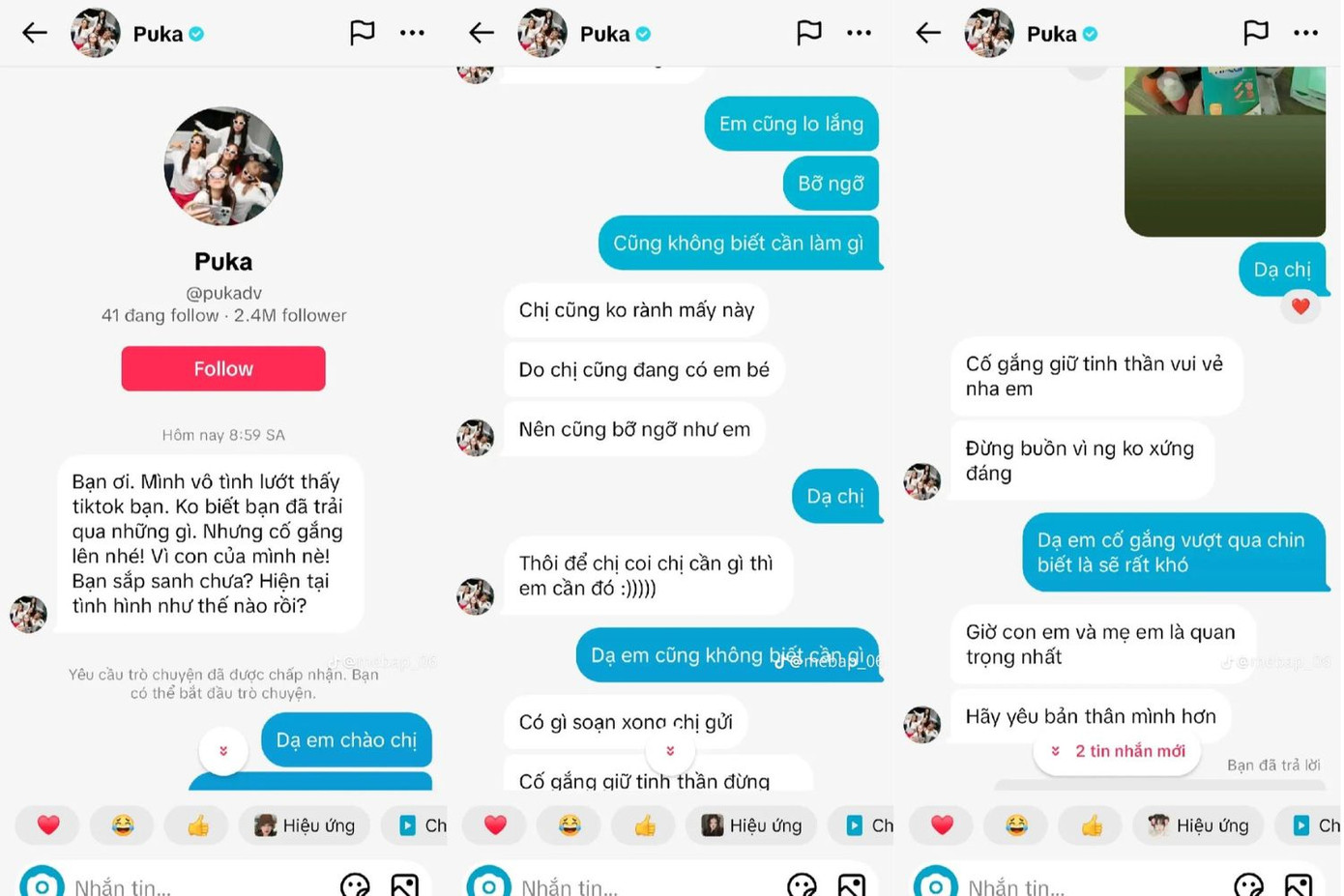 Puka chủ động nhắn tin hỏi thăm và giúp đỡ một cô gái vì đồng cảm với hoàn cảnh lúc mang thai. Ảnh: FC GINPU Puka chủ động nhắn tin hỏi thăm và giúp đỡ một cô gái vì đồng cảm với hoàn cảnh lúc mang thai. Ảnh: FC GINPU