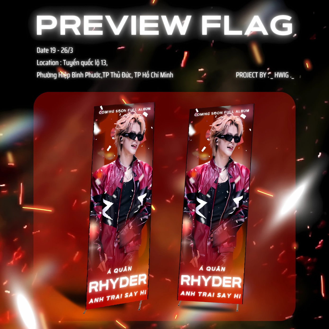 Fan RHYDER thực hiện dự án treo cờ phướn trên cùng tuyến đường. Một chủ tài khoản Facebook cho biết, mỗi lần đi ngang đoạn đường này lại gặp hình ảnh của một "anh trai" nào đó, "hồi D-2 cũng Vạn Phúc mà mấy fandom treo thấy đều lắm". - Ảnh: _hwig._ Fan RHYDER thực hiện dự án treo cờ phướn trên cùng tuyến đường. Một chủ tài khoản Facebook cho biết, mỗi lần đi ngang đoạn đường này lại gặp hình ảnh của một "anh trai" nào đó, "hồi D-2 cũng Vạn Phúc mà mấy fandom treo thấy đều lắm". - Ảnh: _hwig._