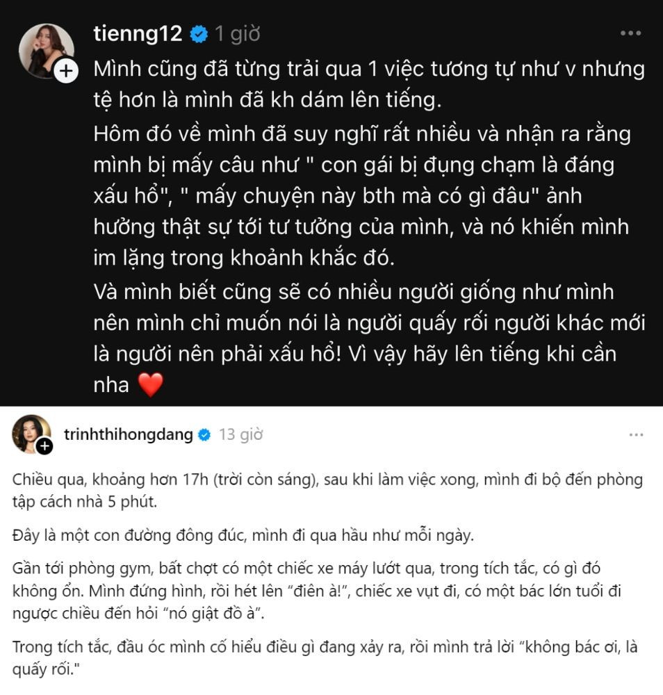 Hoa hậu Thùy Tiên, Á hậu Hồng Đăng chia sẻ câu chuyện bị quấy rối ở nơi công cộng để mọi người cùng cảnh giác.