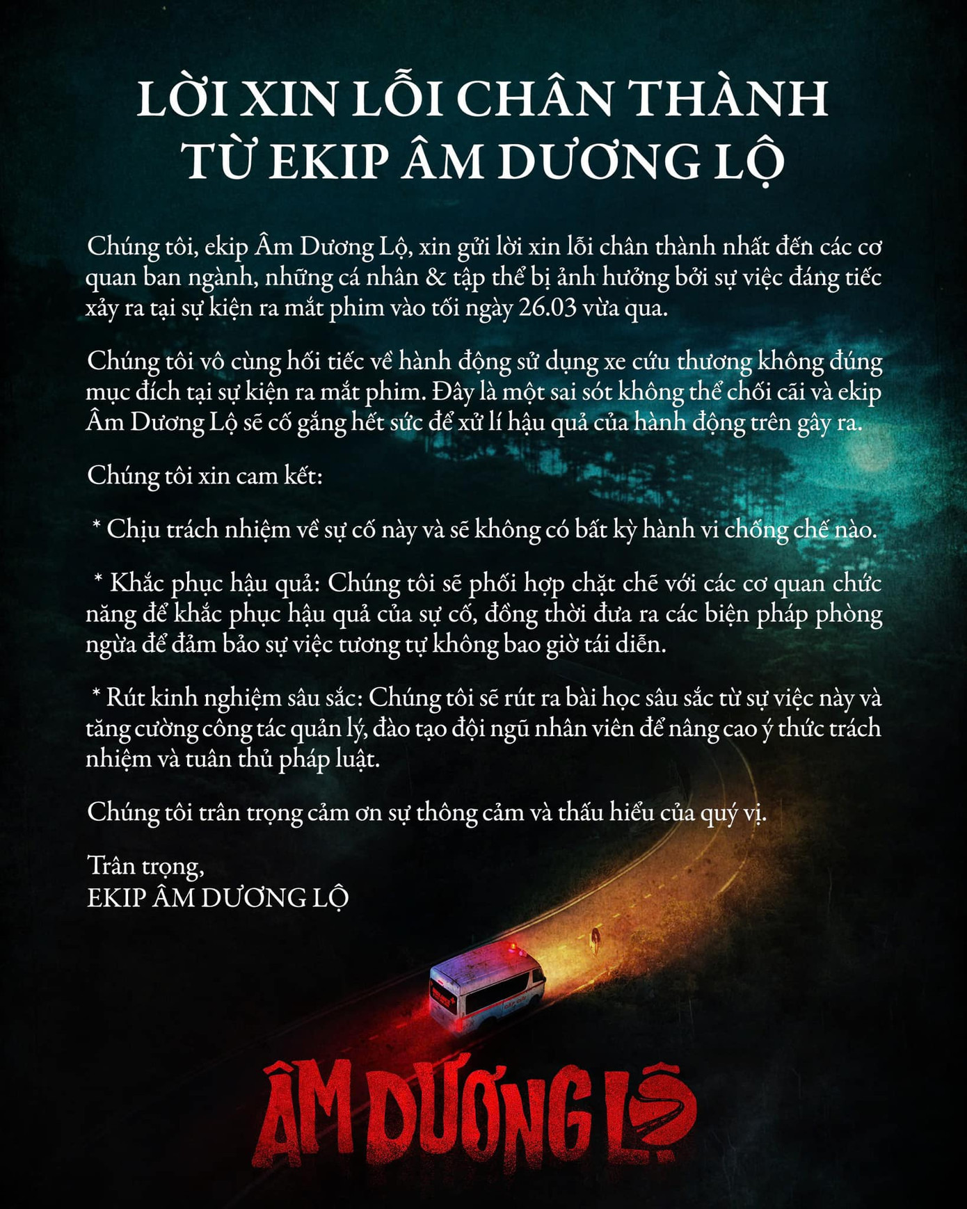 Đoàn phim và tài xế lái xe cứu thương đã làm việc với cơ quan chức năng, thực hiện đóng phạt 2,5 triệu đồng theo quy định, bị thu hồi giấy phép sử dụng thiết bị phát tín hiệu ưu tiên của phương tiện.