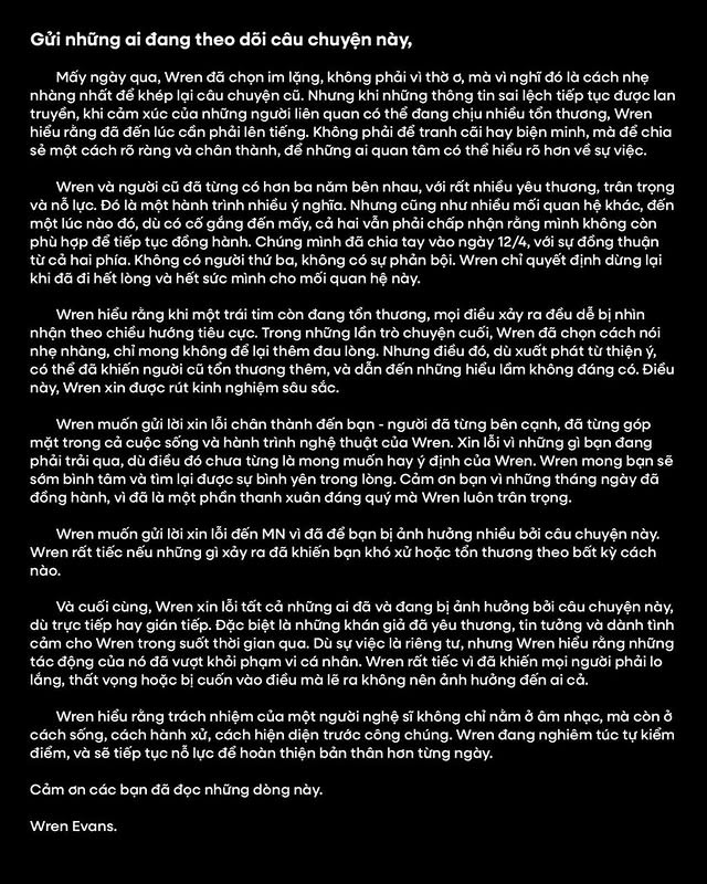 Wren Evans gửi lời xin lỗi đến người cũ và những người có liên quan. Wren Evans gửi lời xin lỗi đến người cũ và những người có liên quan.