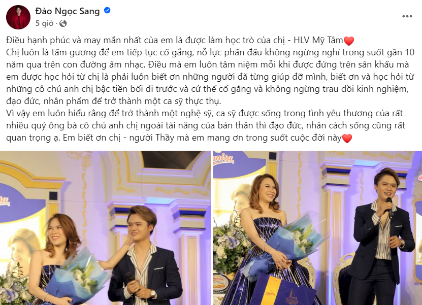 Sau khi nên duyên thầy trò, Đào Ngọc Sang và Mỹ Tâm giữ mối quan hệ tốt trong nhiều năm nay. Sau khi nên duyên thầy trò, Đào Ngọc Sang và Mỹ Tâm giữ mối quan hệ tốt trong nhiều năm nay.