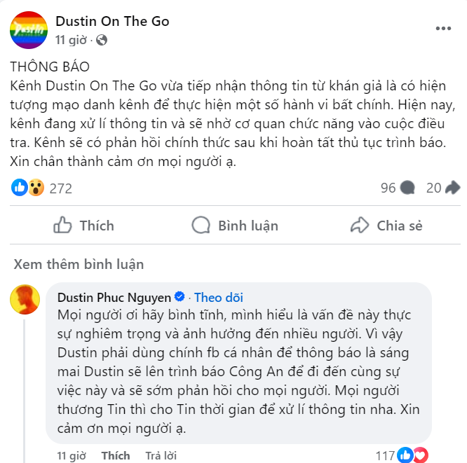 Phía Dustin Phúc Nguyễn và Cây Bàng Non đang phối hợp xử lý vụ việc, xin khán giả 24h để trình báo cơ quan chức năng.