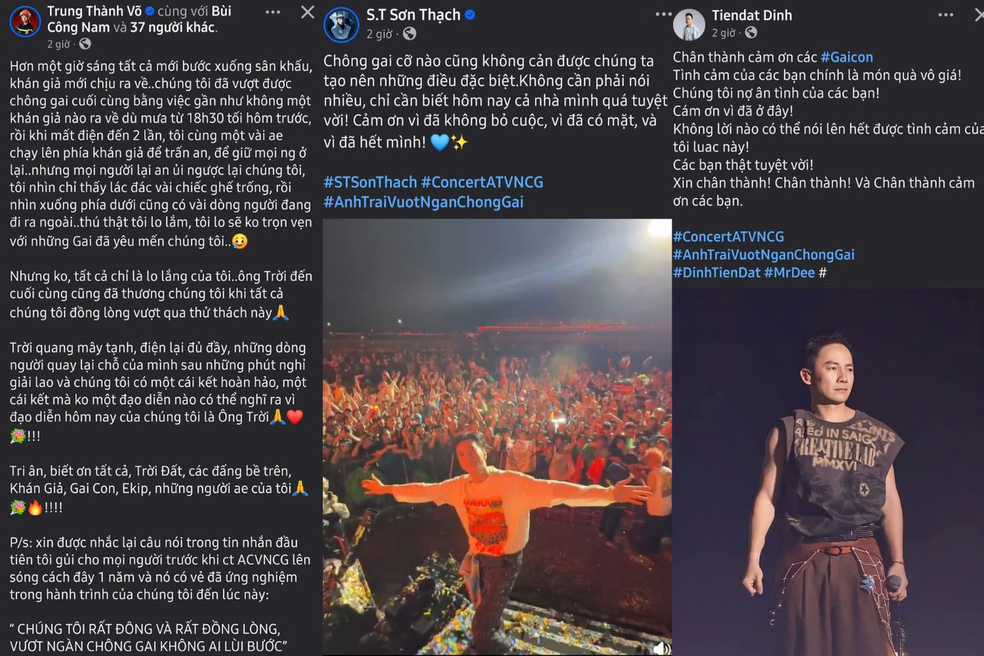 Những lời chia sẻ, cảm ơn khán giả của các "anh tài" Thành Trung, S.T Sơn Thạch, Đinh Tiến Đạt. Những lời chia sẻ, cảm ơn khán giả của các "anh tài" Thành Trung, S.T Sơn Thạch, Đinh Tiến Đạt.